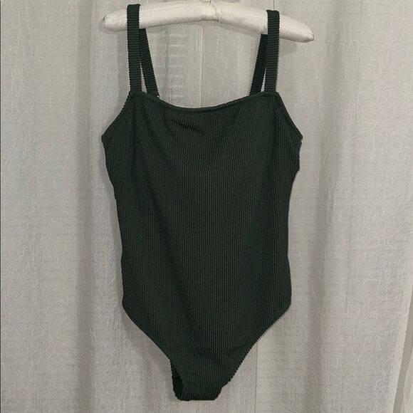 Kona Sol 17 Hunter Green Ribbed Stretch Square Neck One piece Swimsuit - Picture 3 of 12